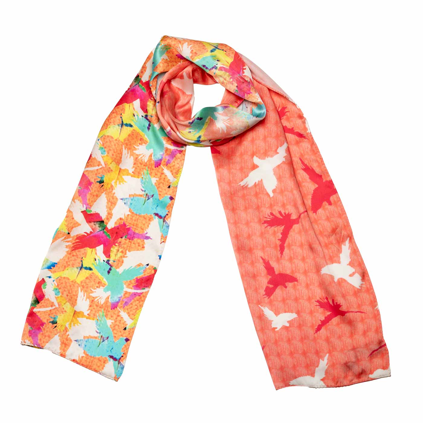 Bunter Satin Seidenschal mit stilisierten Vögelmotiven shirinsehan.com