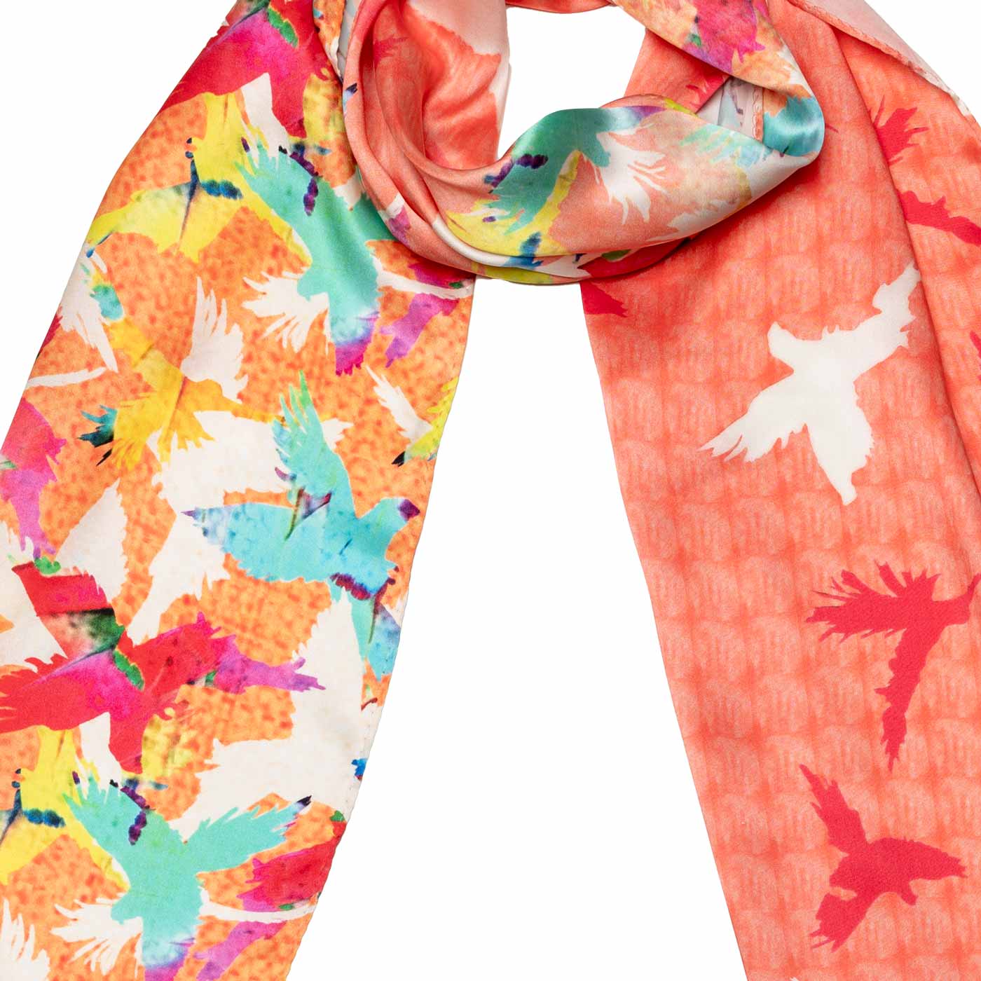 Bunter Satin Seidenschal mit stilisierten Vögelmotiven shirinsehan.com