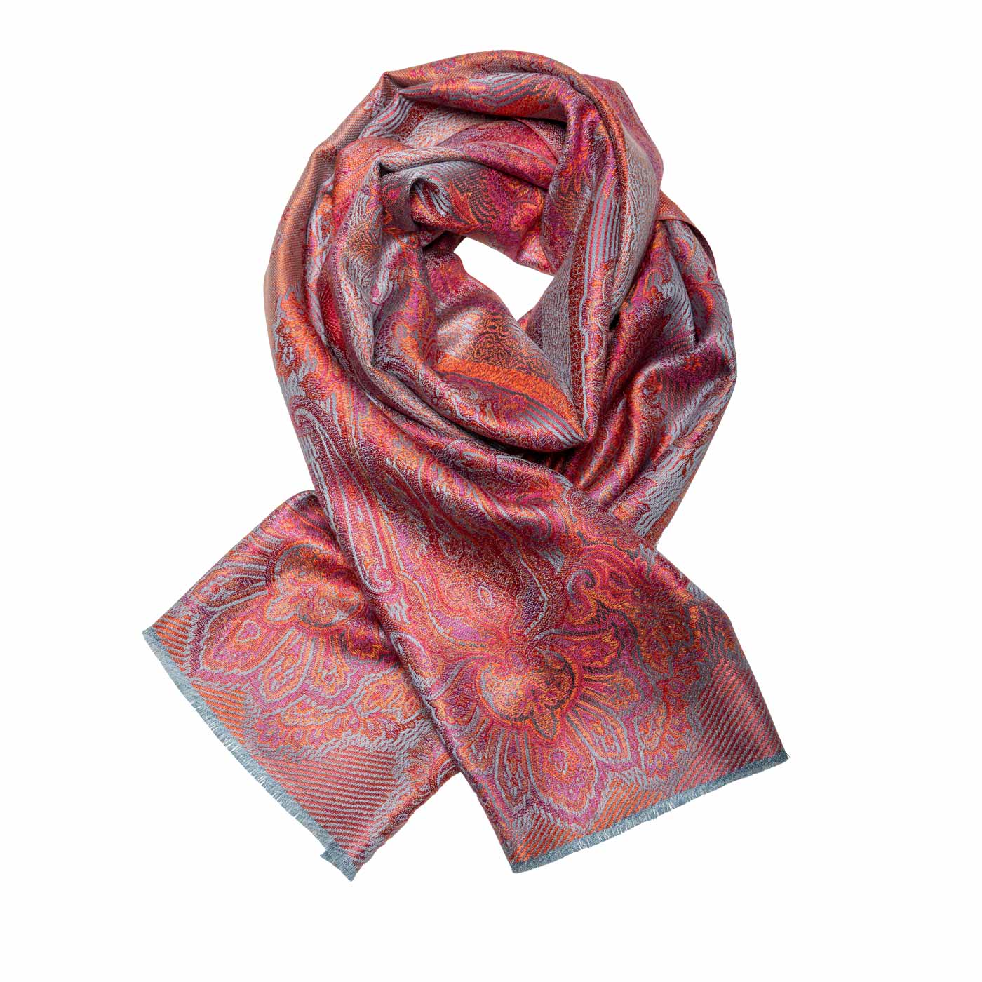 Gewebter Seidenschal in Hellblau mit Paisley-Muster in Pink shirinsehan.com