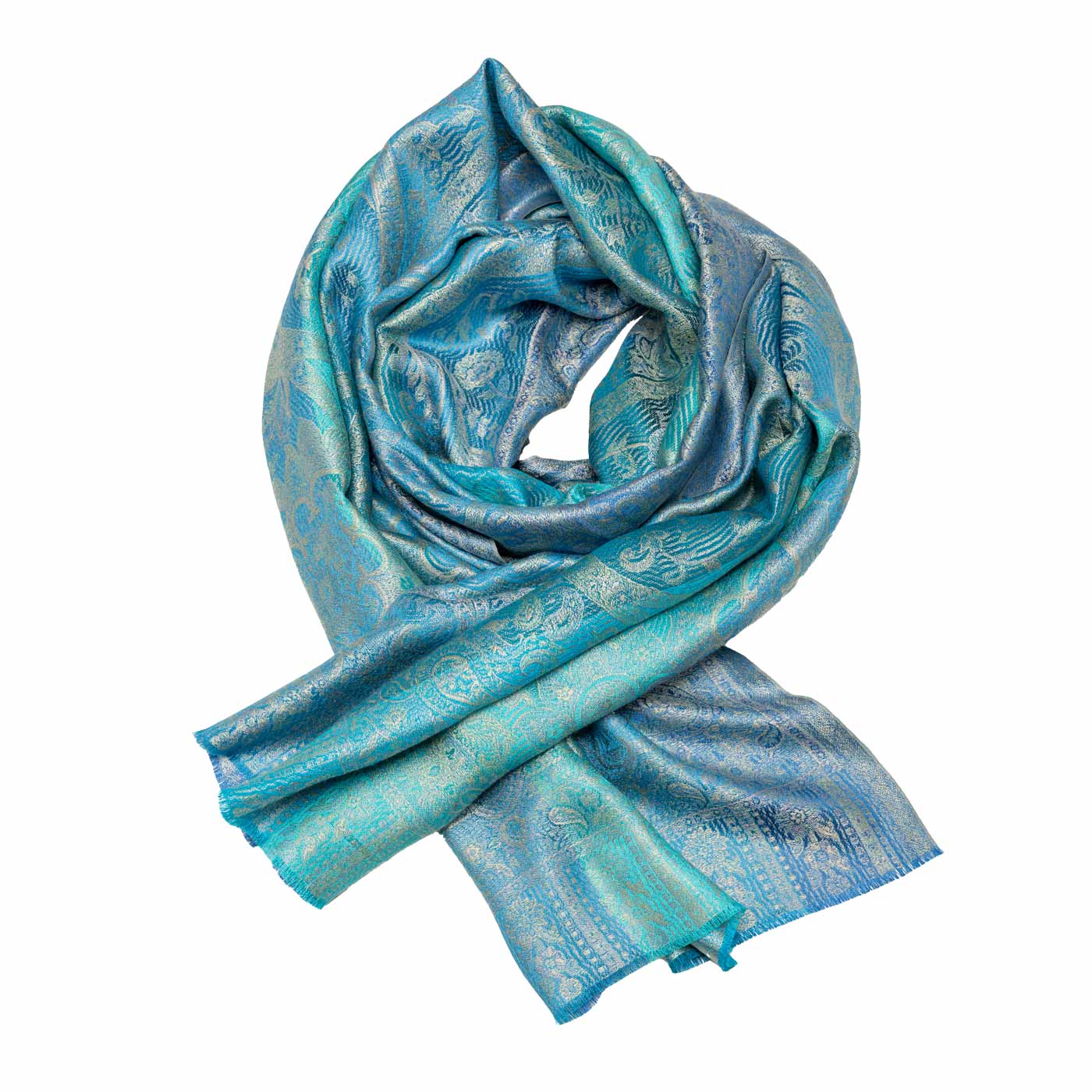 Gewebter Seidenschal in Blau, Türkis und Hellblau shirinsehan.com