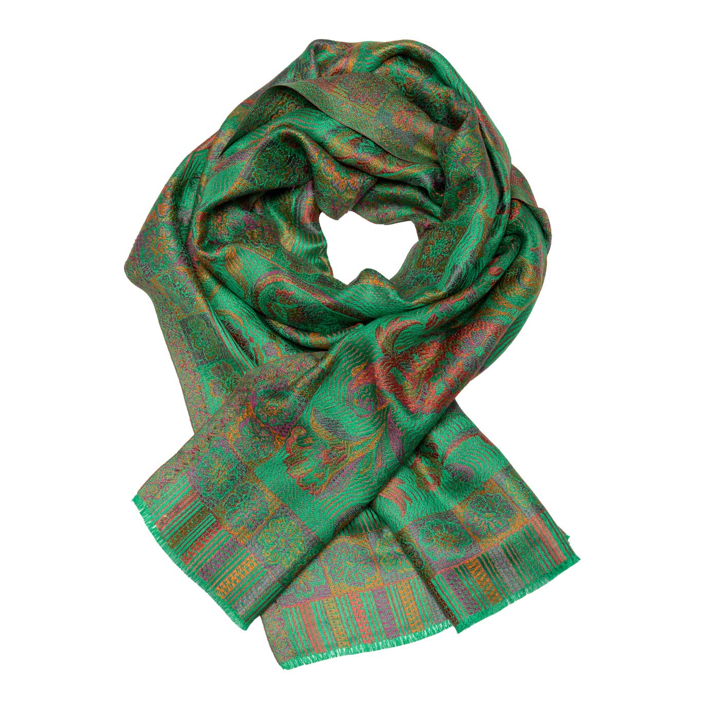 Farbenfroher Seidenschal in Grün mit buntem Muster shirinsehan.com