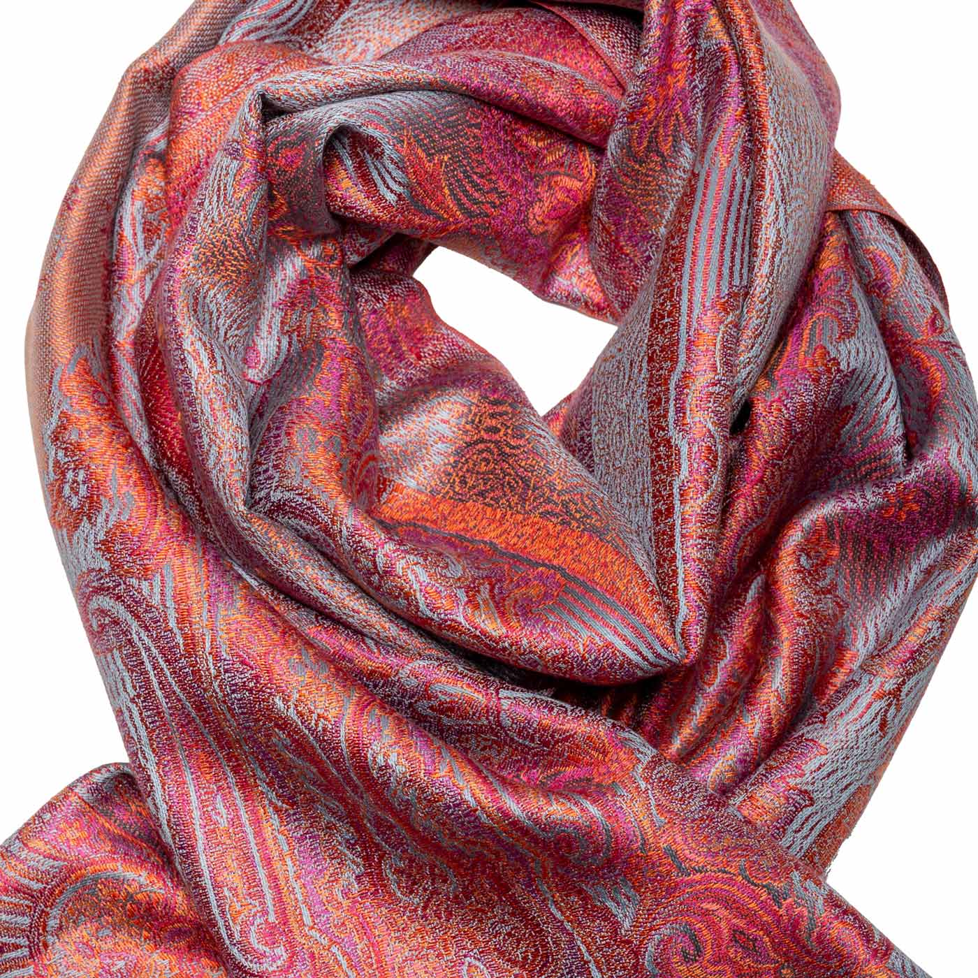 Gewebter Seidenschal in Hellblau mit Paisley-Muster in Pink shirinsehan.com