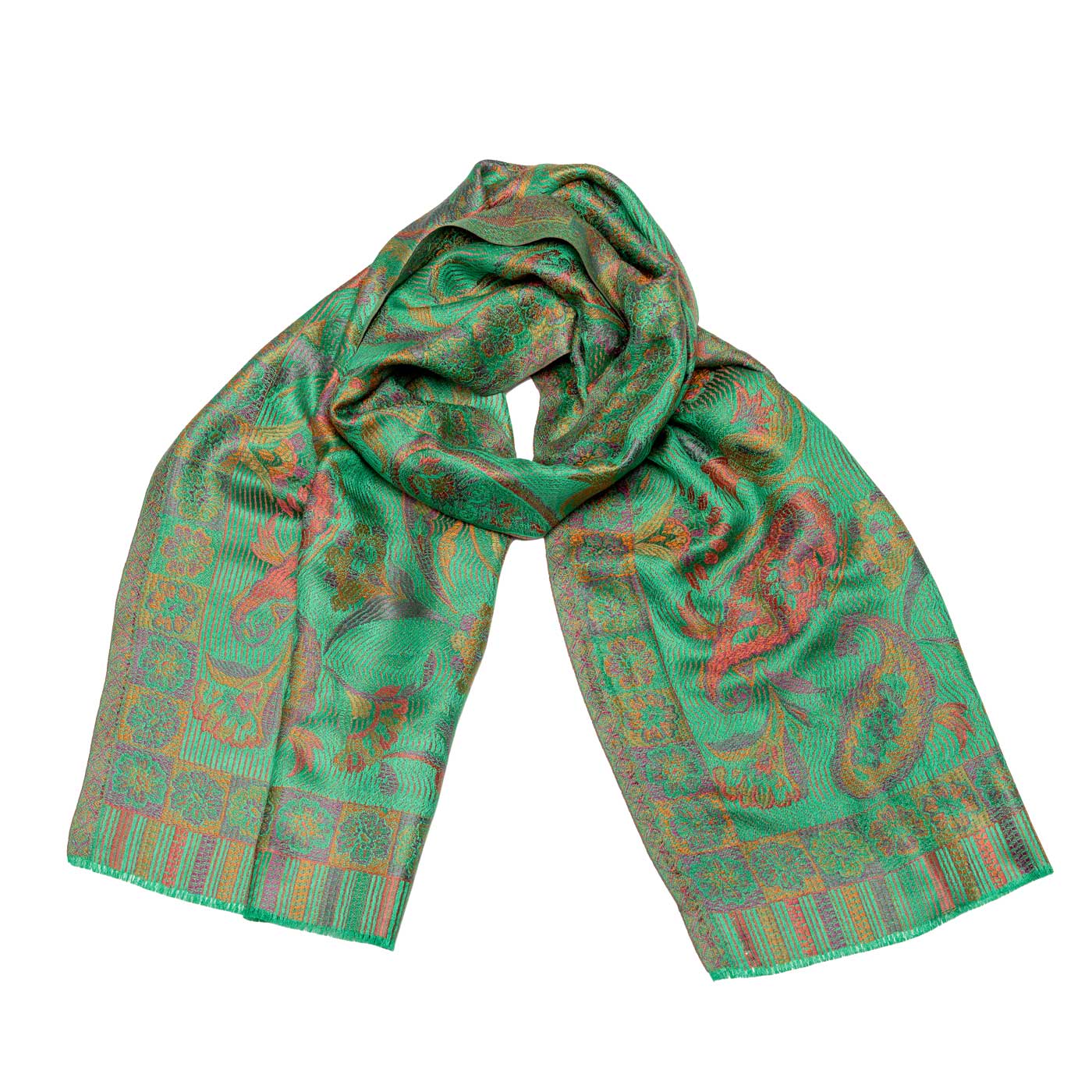 Farbenfroher Seidenschal in Grün mit buntem Muster shirinsehan.com