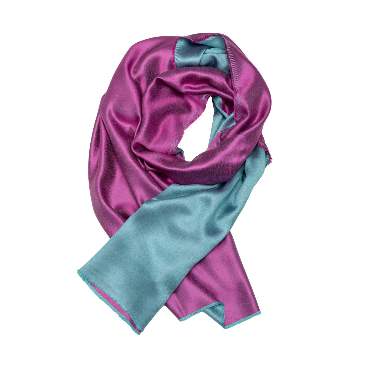 Zweifarbiger Seidenschal in Pink und Türkis mit türkisfarbenen Fransen shirinsehan.com