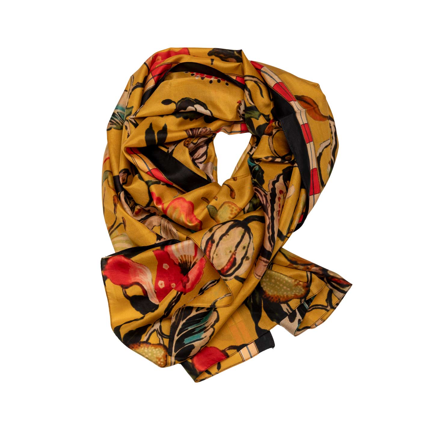 Ausdrucksstarker Seidenschal in Gold mit floralem Muster shirinsehan.com