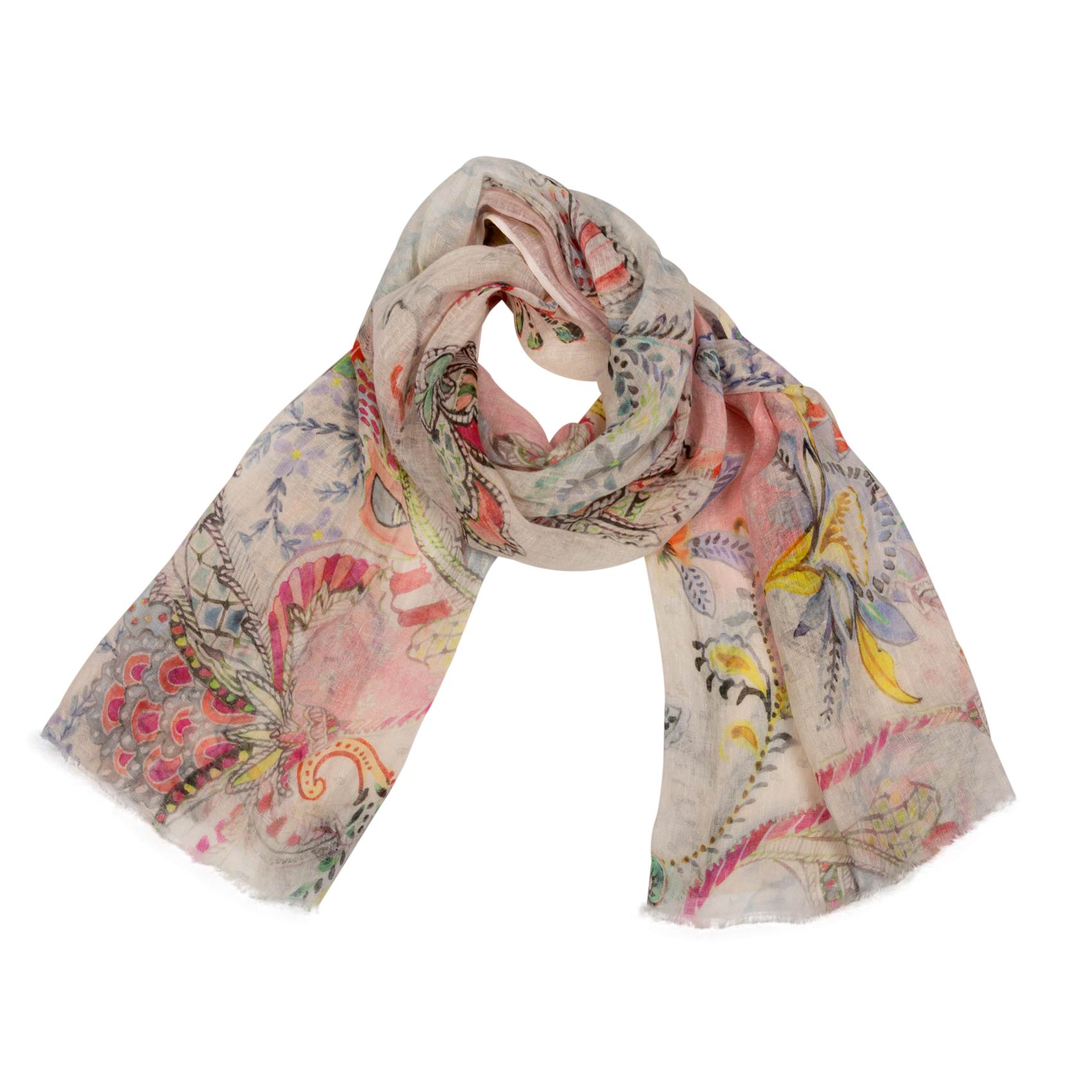 Bedruckter Leinenschal florales Muster Rosa Hellblau Gelb-Shirin Sehan
