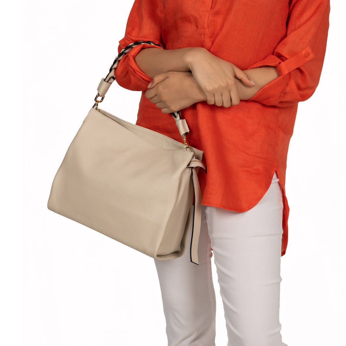 Handtasche Mira mit geflochtenem Ledergriff Beige shirinsehan.com
