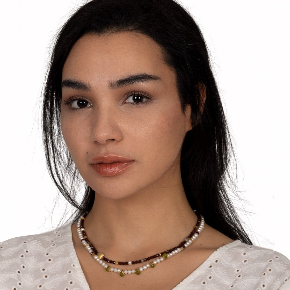 Süßwasserperlen Collier Cleo mit grünen Peridottropfen shirinsehan.com