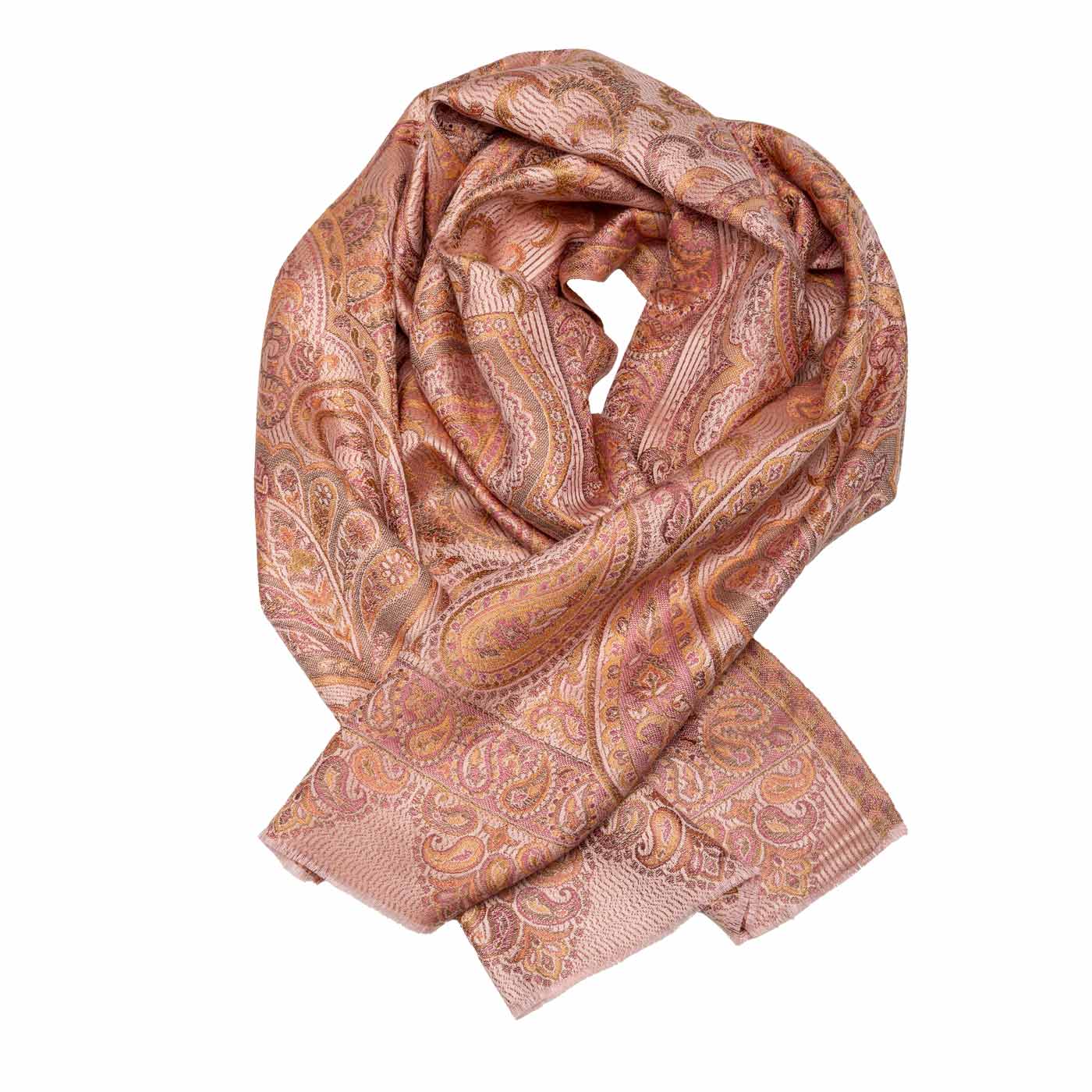 Seidenschal mit Paisleymotiven in Rosa, Rosé und Apricot shirinsehan.com