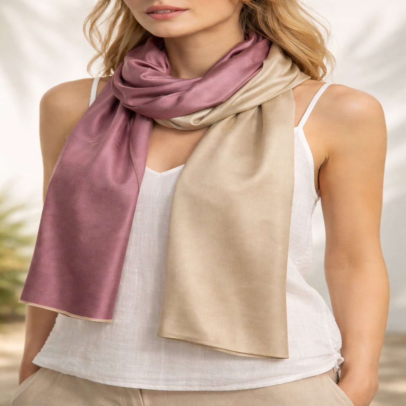 Eleganter zweifarbiger Seidenschal in Rosé und Beige mit kurzen Fransen shirinsehan.com