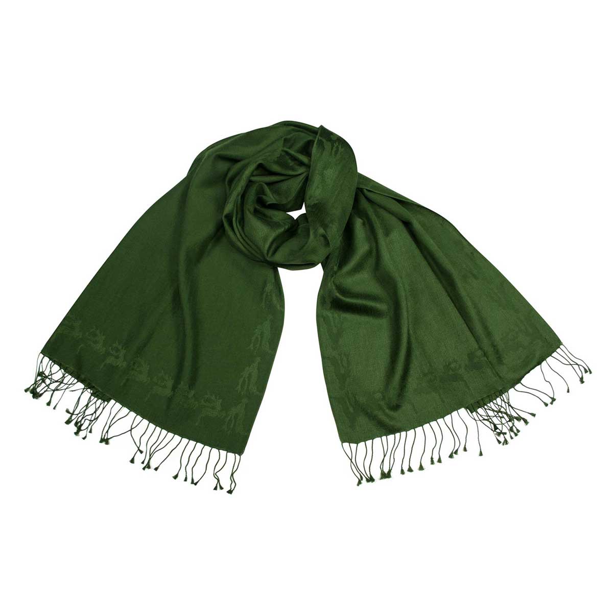 Schal aus Cashmere Seide mit eingewebtem Hirsch, Olive Grün Shirin Sehan