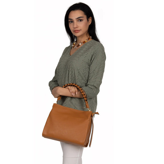 Handtasche Mira Caramel mit geflochtenem Ledergriff shirinsehan.com